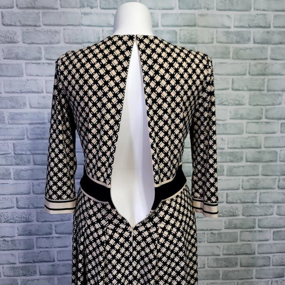 Eliza J Womens 12 Cream Black Geometric Pleated Skirt 3/4 Sleeve Fit Flare Dress - Picture 9 of 11